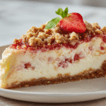 Strawberry crunch cheesecake on a clean plate in a real home kitchen.