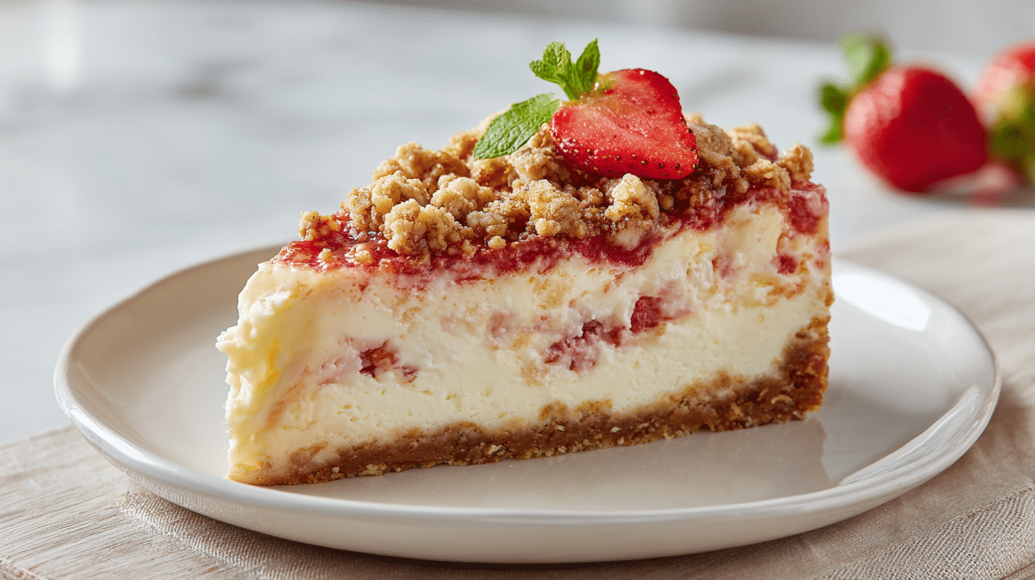 Strawberry crunch cheesecake on a clean plate in a real home kitchen.