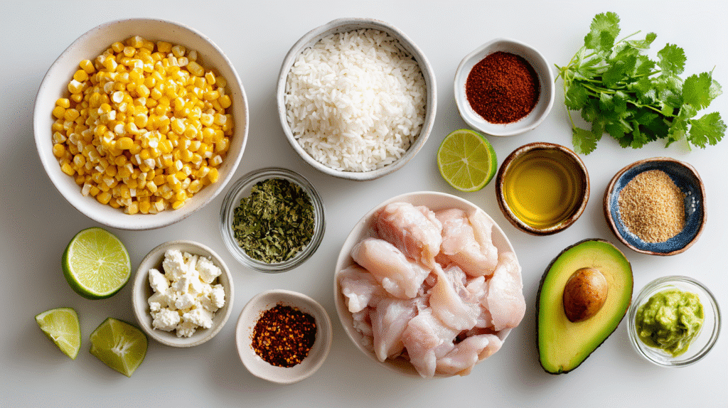 Fresh corn, chicken, rice, spices, and toppings arranged neatly on a white surface.