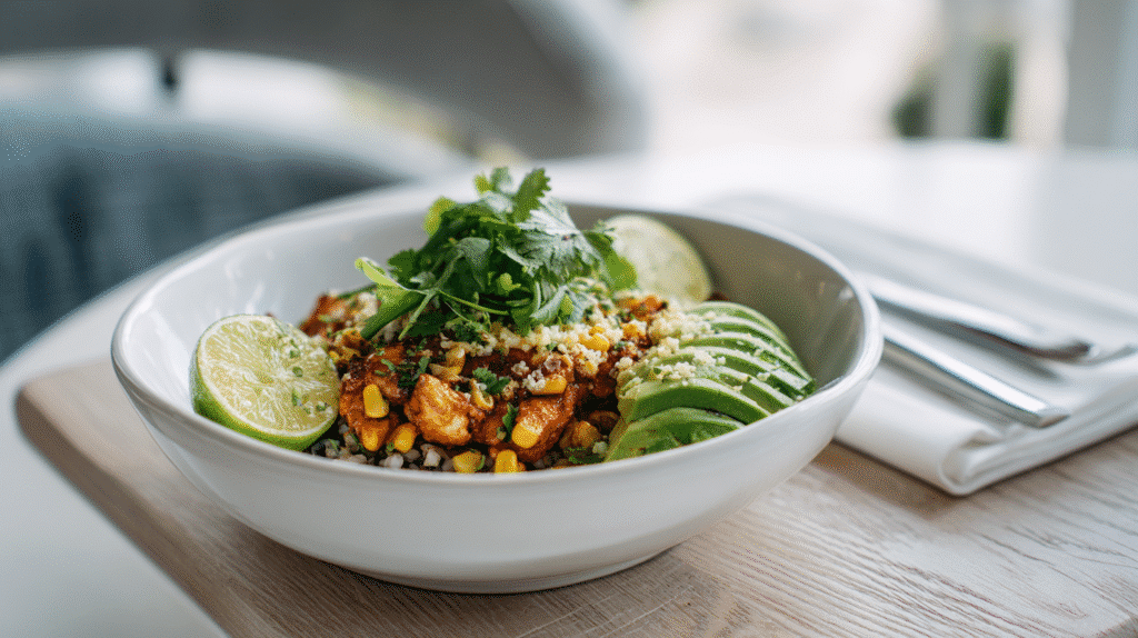 Rice bowl with chicken and street corn served in a white dish with lime wedges.