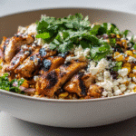 Modern white bowl filled with chicken, corn, rice, and fresh toppings.