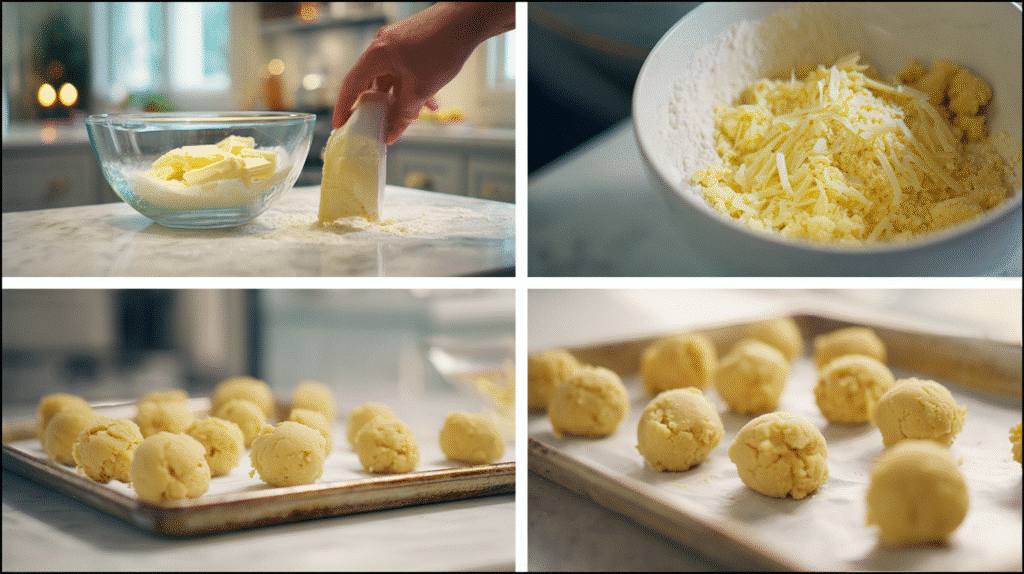 Step-by-step images showing mixing cookie dough and shaping sugar cookies before baking.