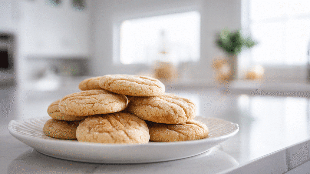 Soft sugar cookies served on a white plate with a cup of milk on a modern table.