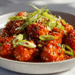 Sweet chili chicken served in a modern white bowl with sesame and green onions.
