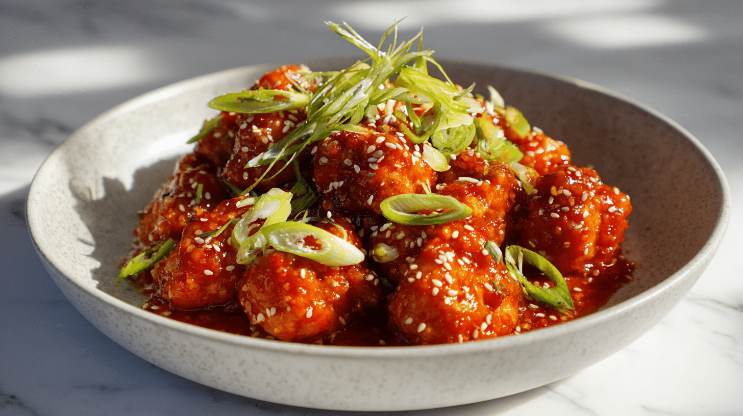 Sweet chili chicken served in a modern white bowl with sesame and green onions.