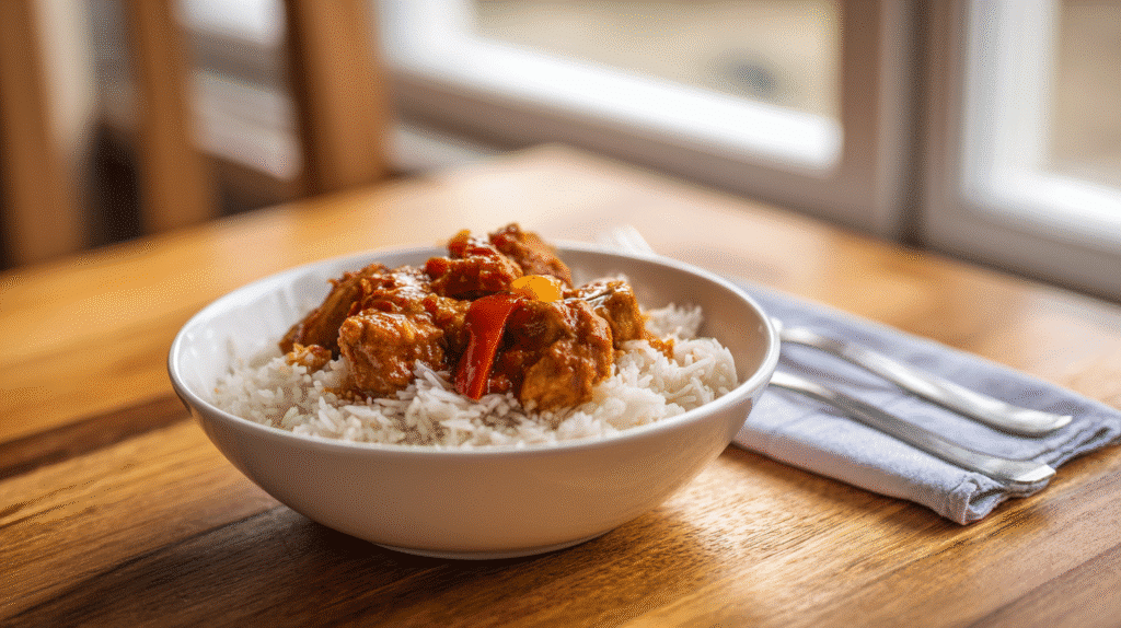 Sweet chili chicken served on a simple white plate in a home kitchen.