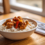 Sweet chili chicken served on a simple white plate in a home kitchen.