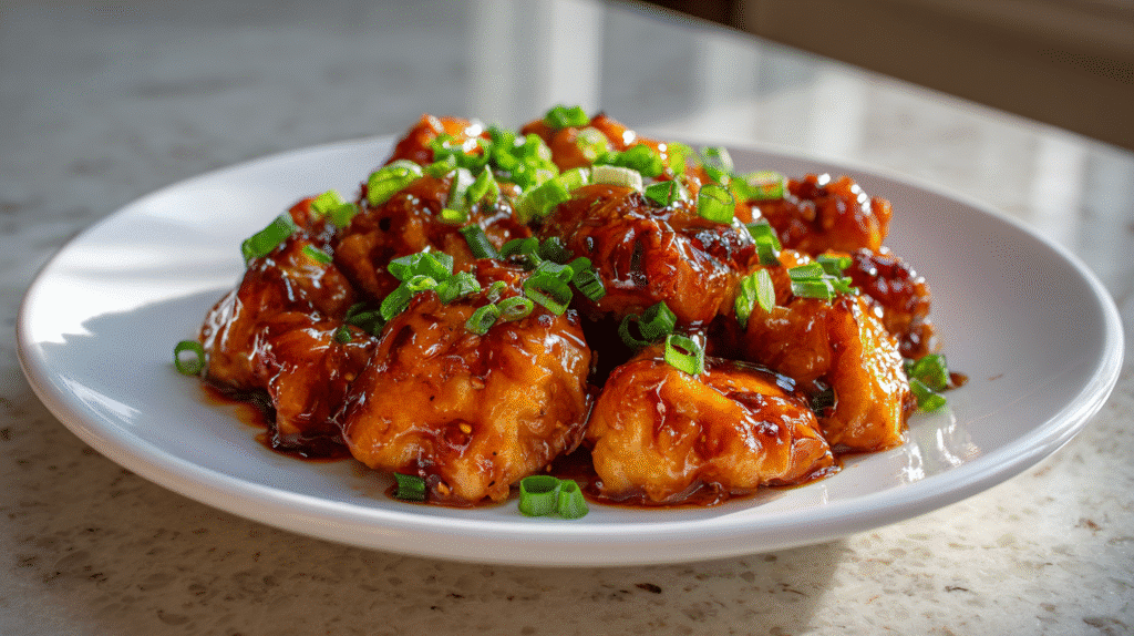 Recipe card image showing sweet chili chicken on a white plate.