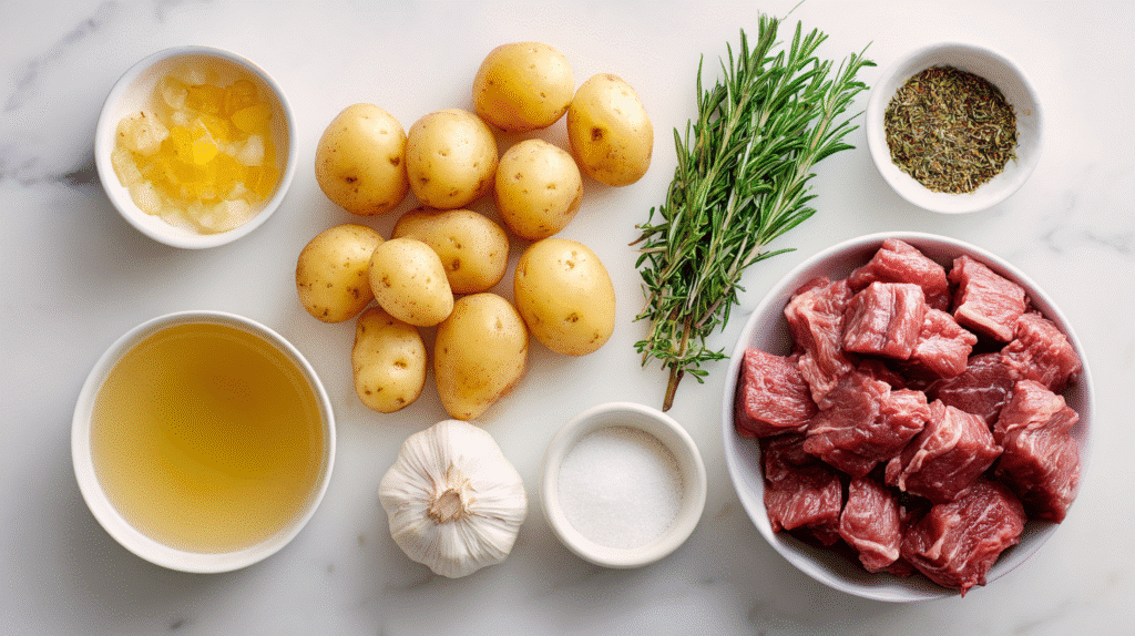 Beef, potatoes, broth, onions, and seasonings arranged on a clean white surface.
