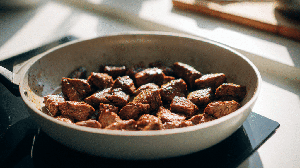 Beef pieces searing in a white skillet before slow cooking.