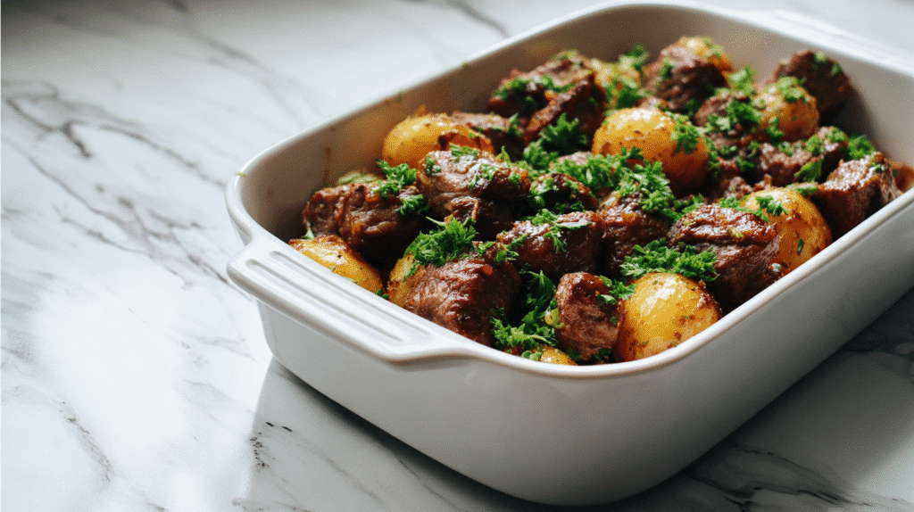 Plated beef bites and potatoes garnished with parsley in a white dish.
