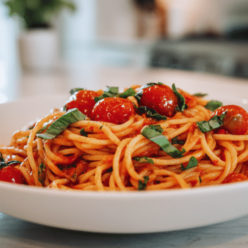 Tomato basil pasta served in a white bowl topped with fresh basil.