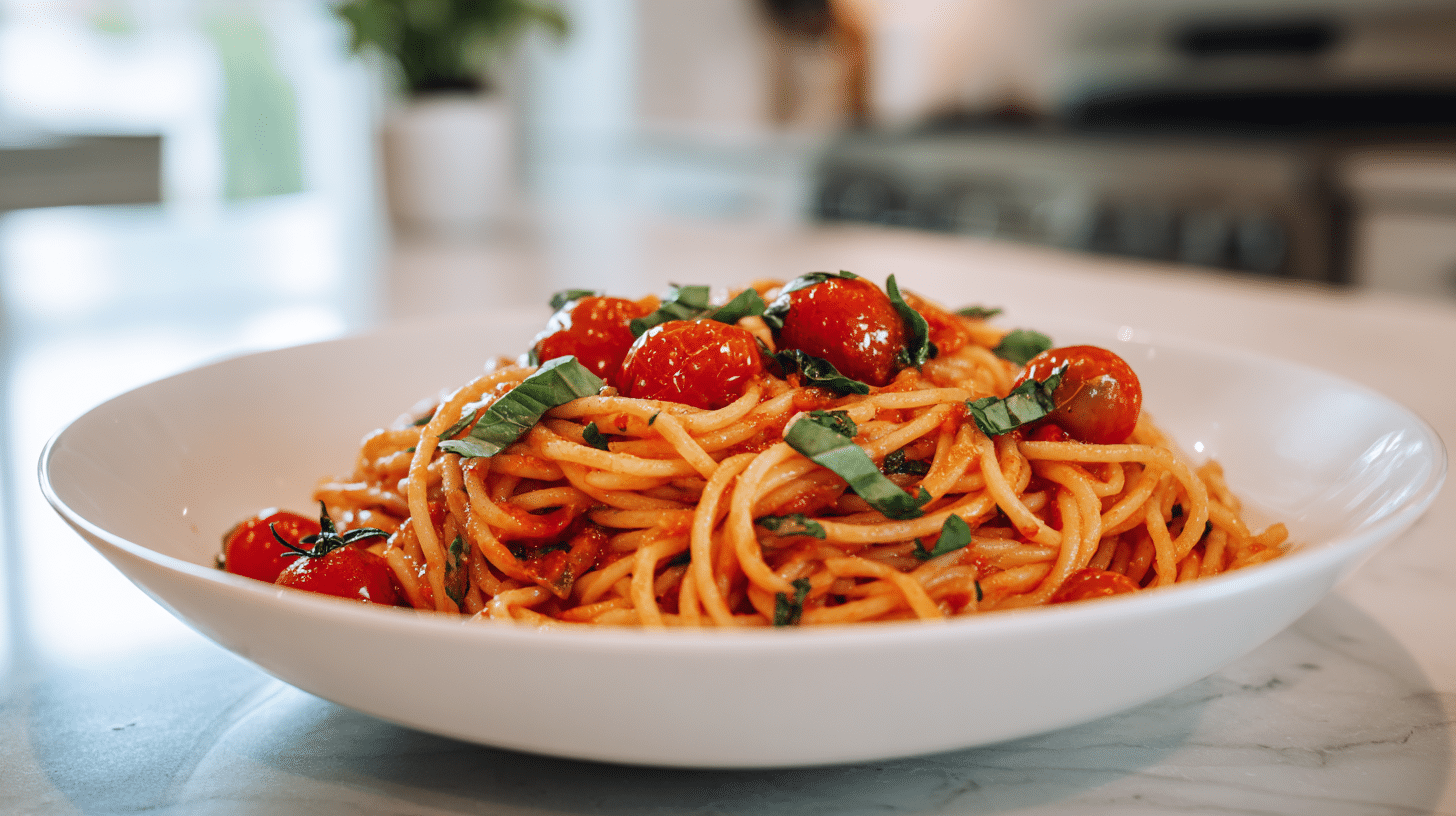 Tomato basil pasta served in a white bowl topped with fresh basil.