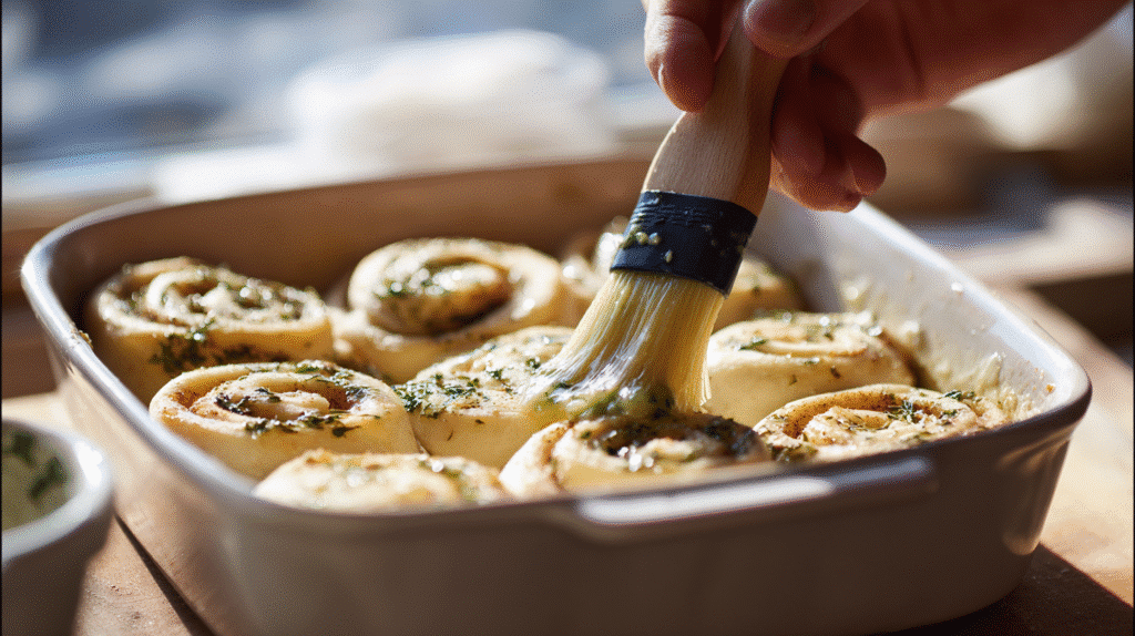 Pizza rolls being brushed with garlic butter before baking.