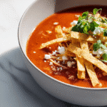 Creamy chicken enchilada soup served in a modern white bowl.