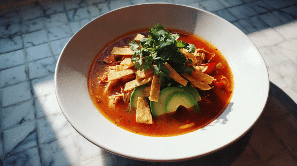 Bowl of chicken enchilada soup topped with tortilla strips and avocado.