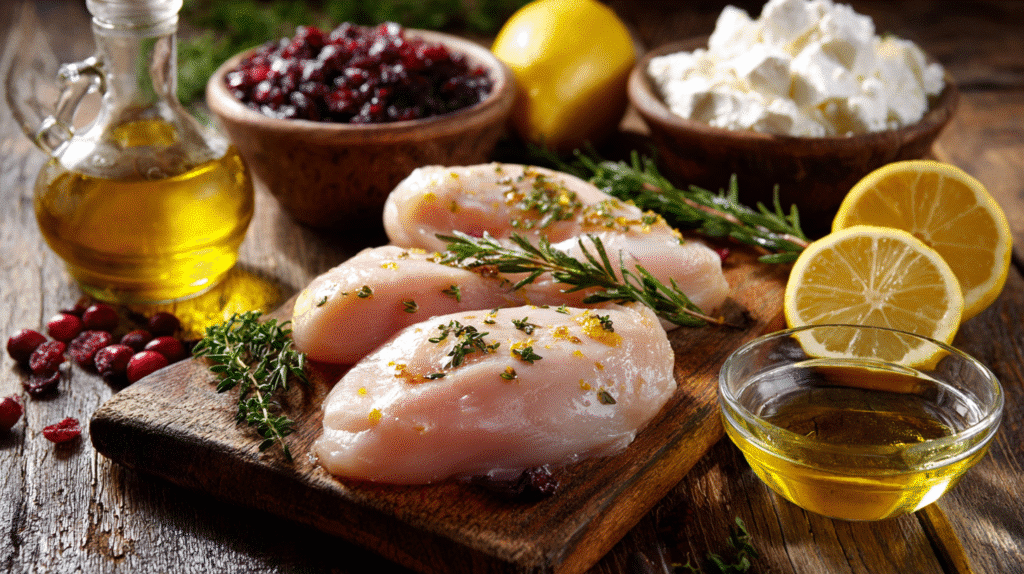 Ingredients for honey cranberry chicken bake with ricotta
