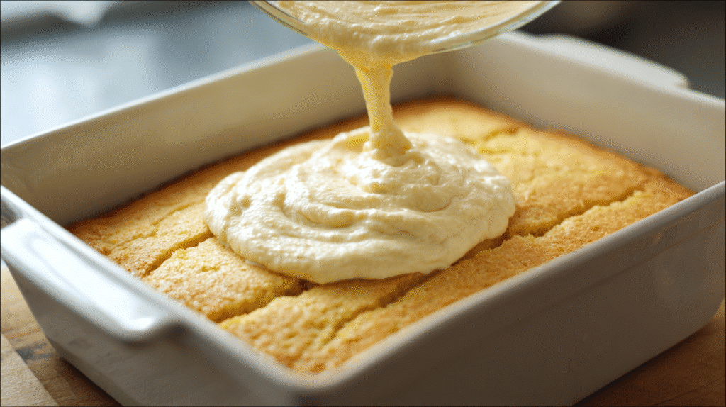 Adding filling to cornbread casserole before baking