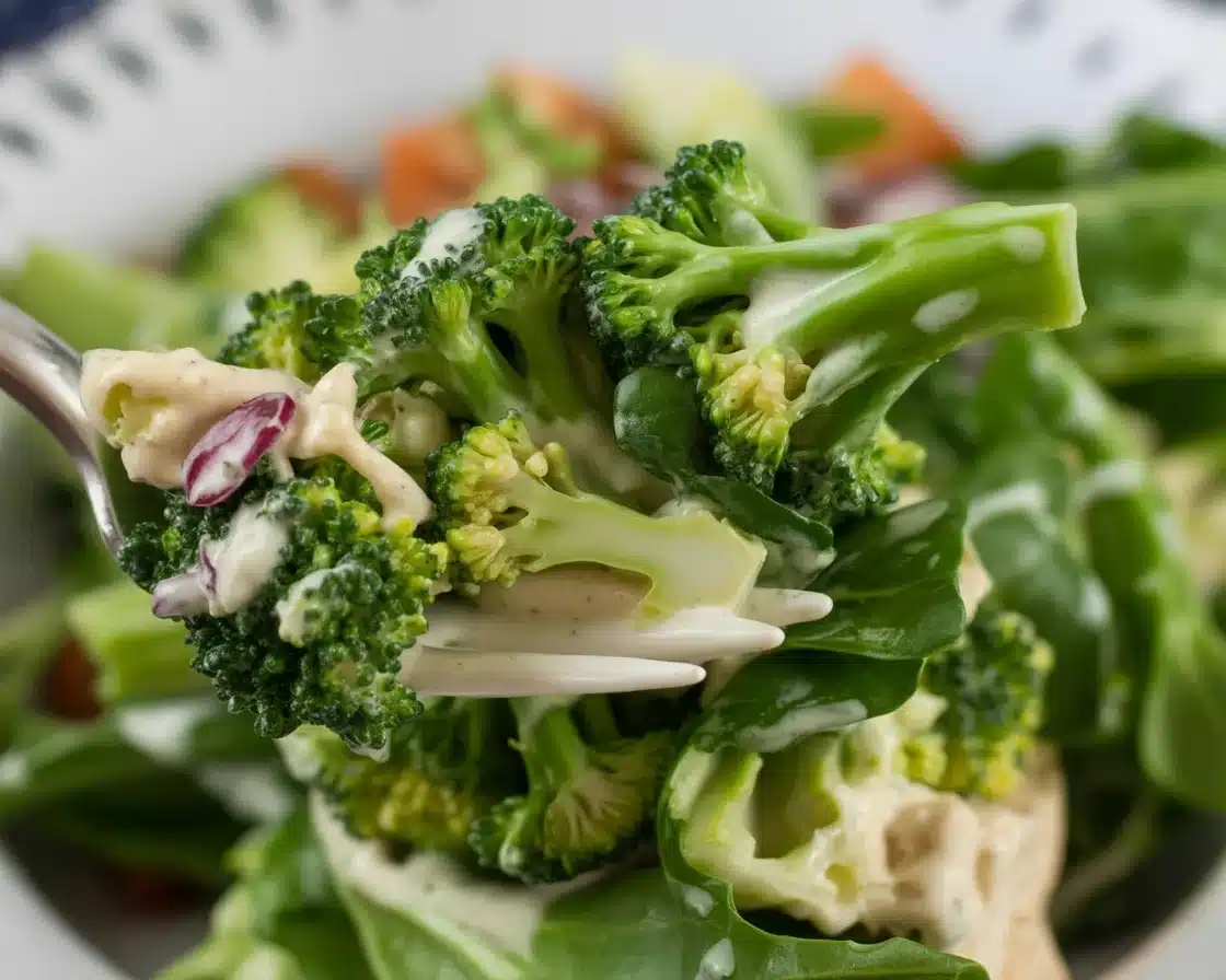 Delicious Chicken Salad Chick Broccoli Salad topped with cheese and bacon.