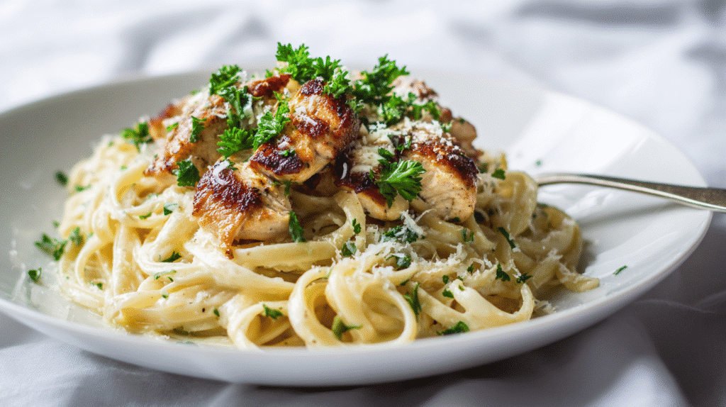 Creamy chicken pasta plated in a sleek white dish.