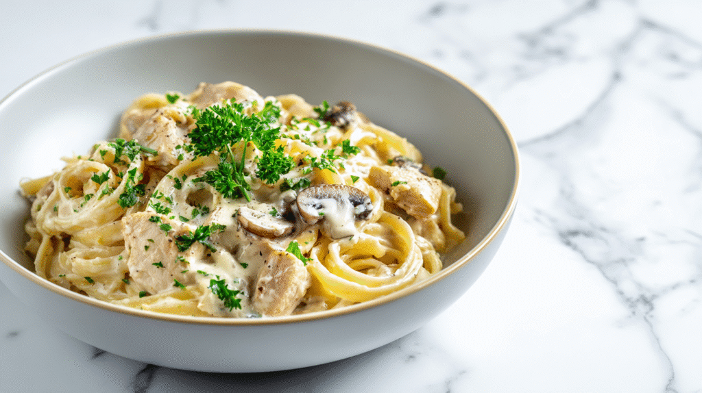 Creamy garlic parmesan chicken pasta served in a modern white bowl.