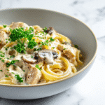 Creamy garlic parmesan chicken pasta served in a modern white bowl.