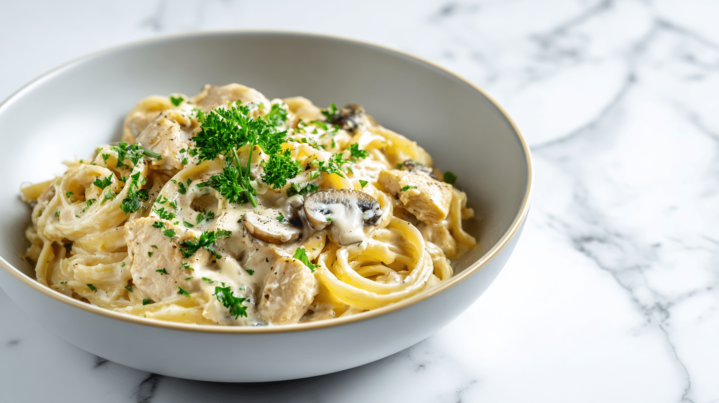 Creamy garlic parmesan chicken pasta served in a modern white bowl.