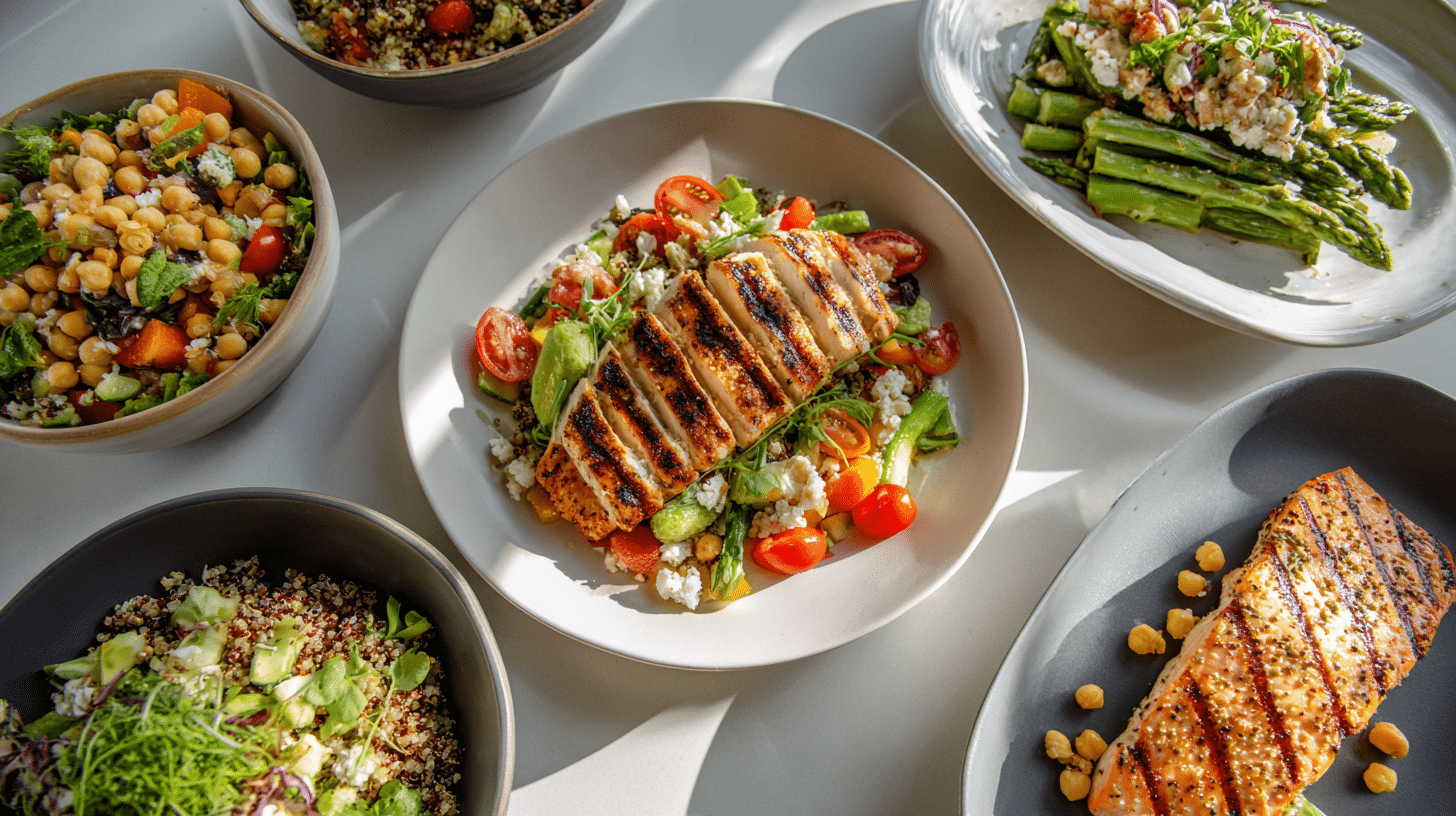 Assorted healthy dinner dishes arranged on a modern kitchen table.