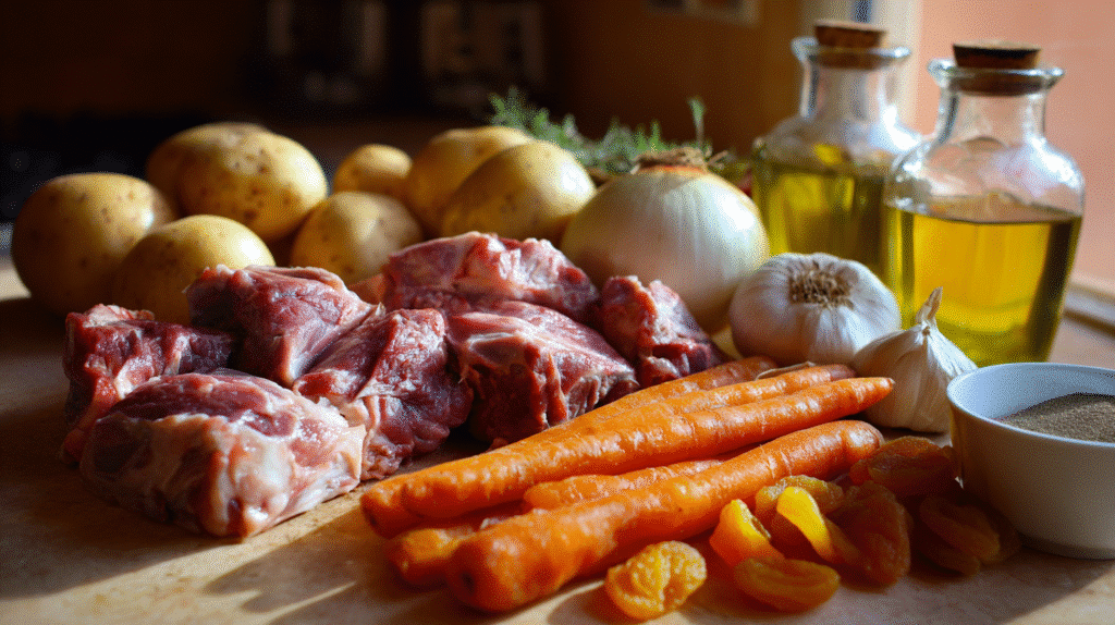 Ingredients for Moroccan lamb tagine including lamb, vegetables, spices, and dried fruit