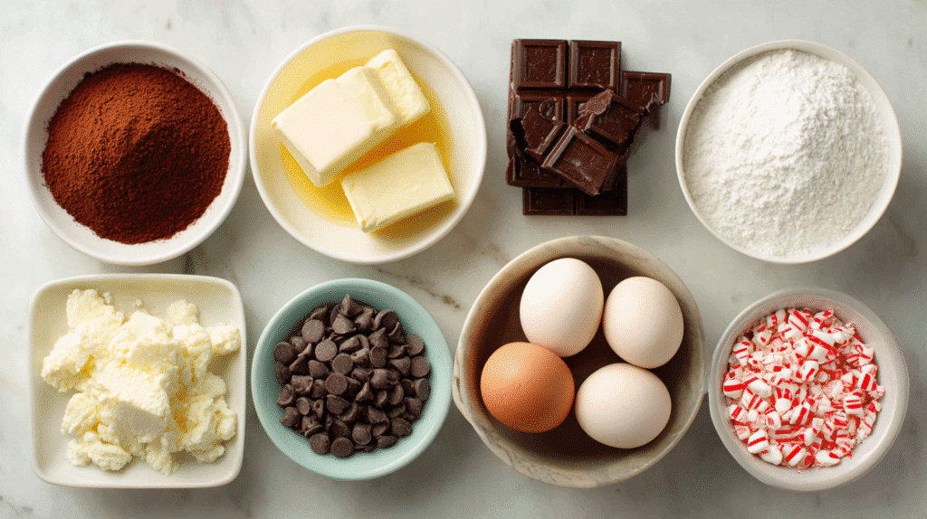 Ingredients for peppermint fudge brownies