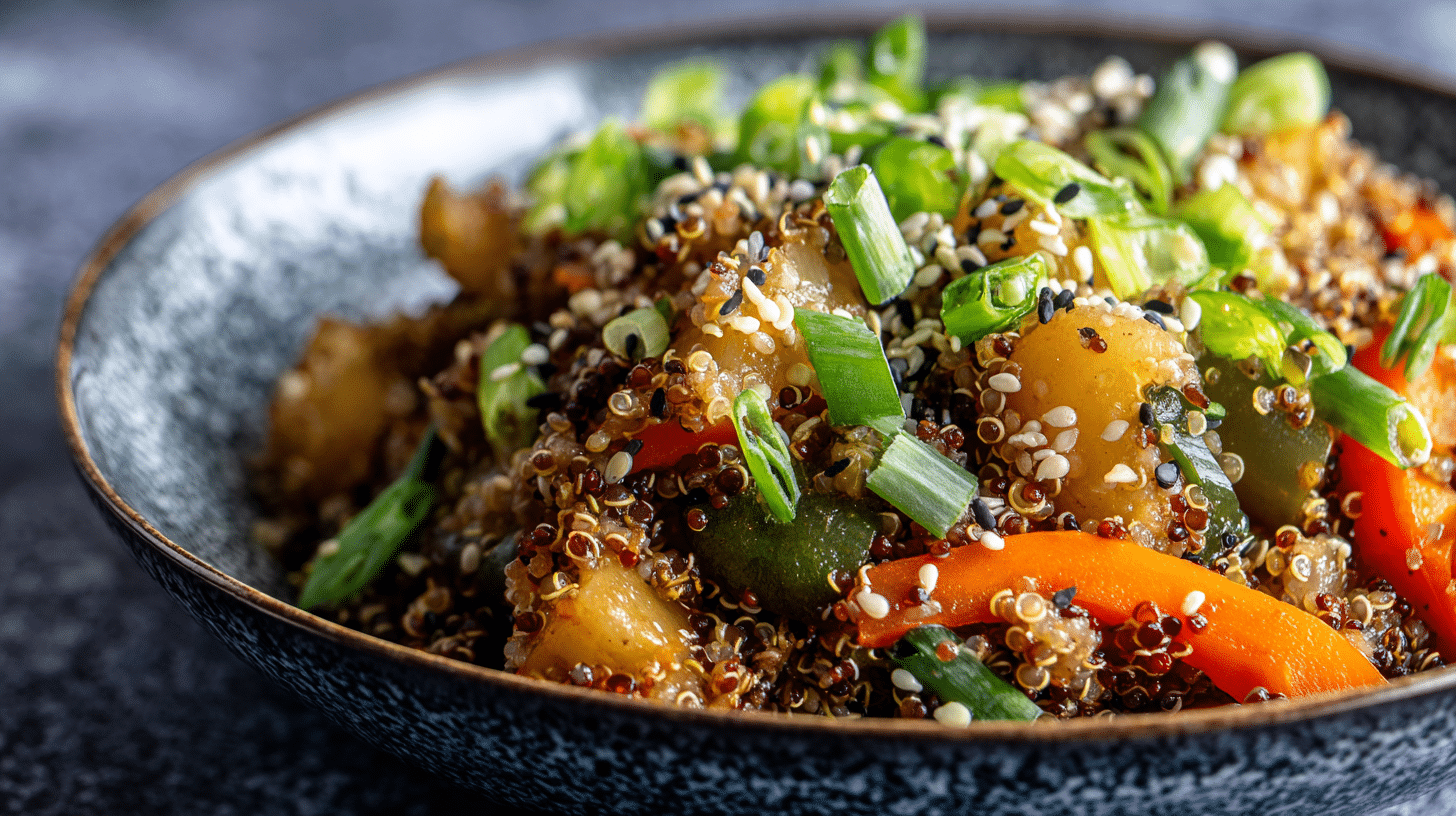 Bowl of colorful veggie quinoa stir fry in a bright modern kitchen.