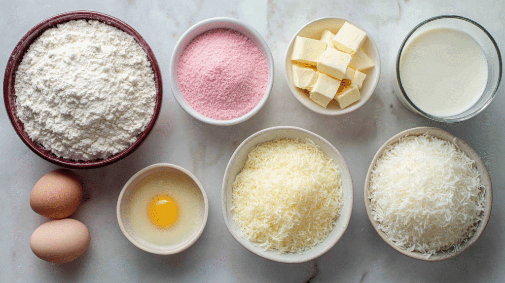 Ingredients for pink coconut snowball cake bars