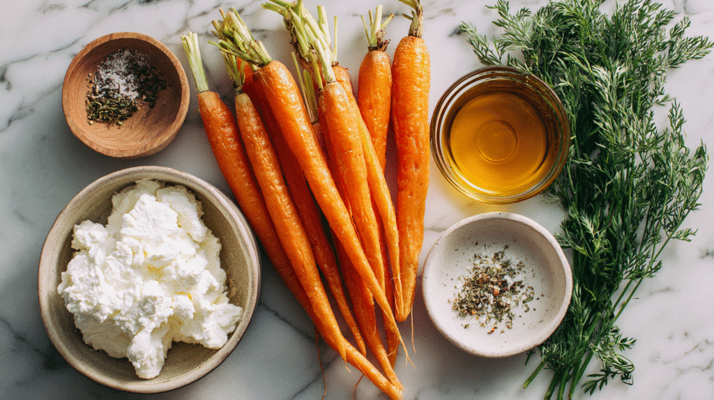 Carrots, ricotta, honey, olive oil on a kitchen counter.