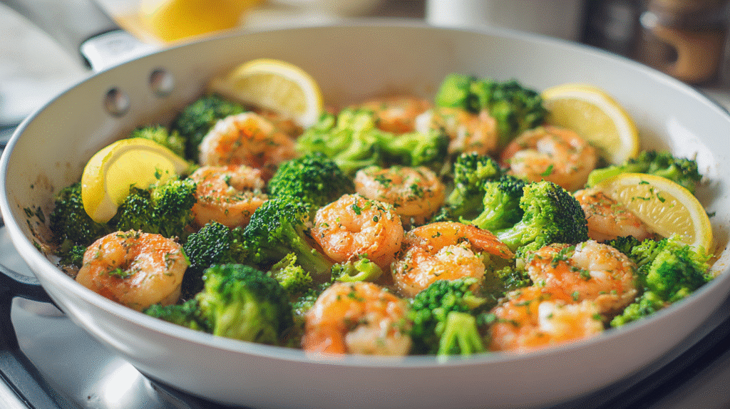 Garlic shrimp and broccoli served on a white plate with lemon.