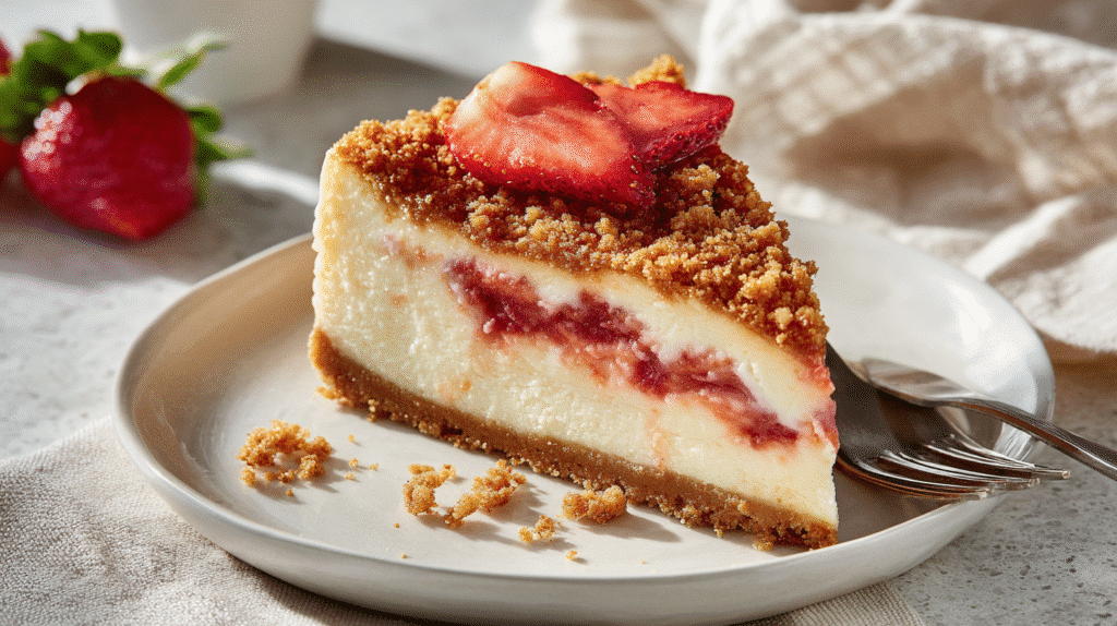 A slice of strawberry crunch cheesecake served on a plate with a fork.