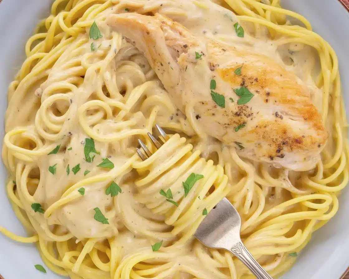 Slow Cooker Angel Chicken served over angel hair pasta with creamy sauce