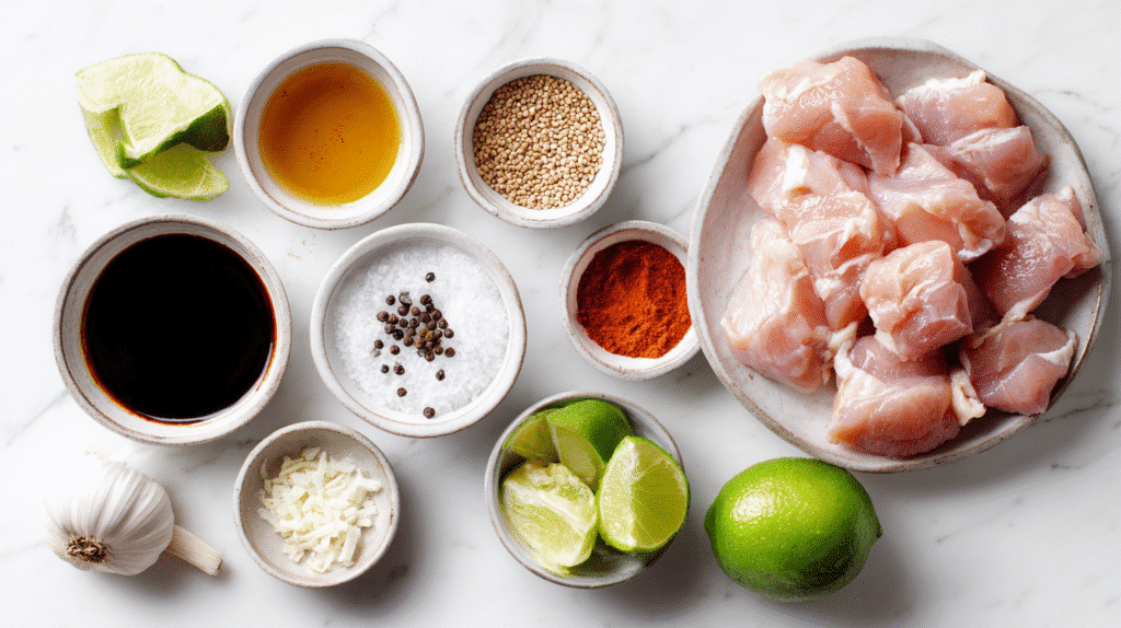 Chicken, sweet chili sauce, spices, and garnish arranged neatly on a white surface.