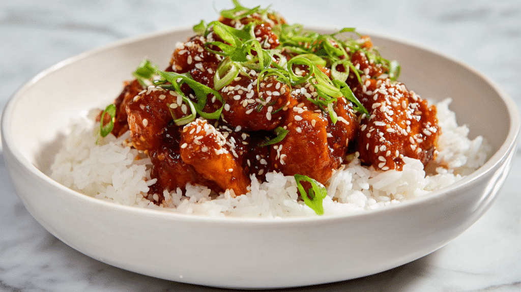 Chicken pieces cooking in a white skillet before adding sauce.