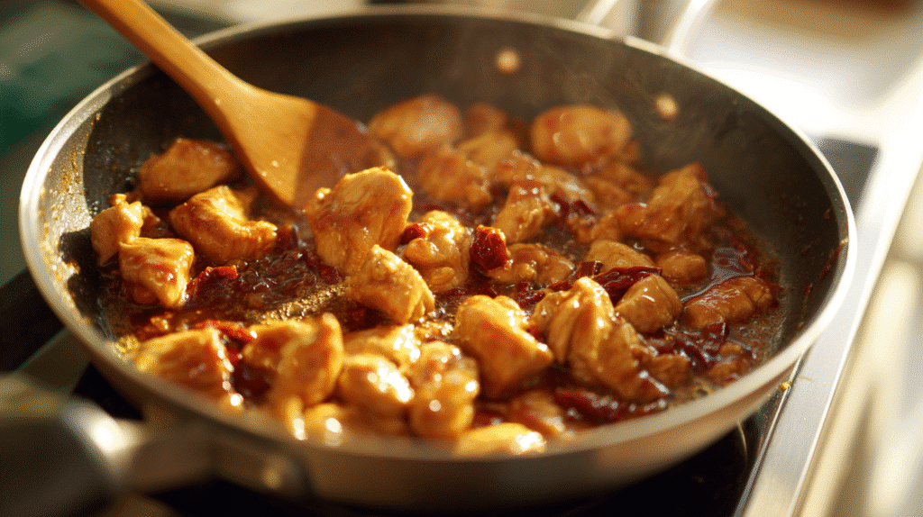 Sweet chili chicken cooking in a skillet on a stovetop.