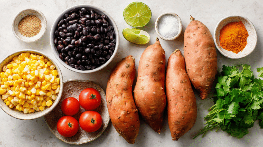 Flat-lay of ingredients for stuffed sweet potatoes with black beans and corn.