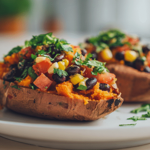 Stuffed sweet potatoes filled with black beans, corn, and fresh herbs on a modern white plate.