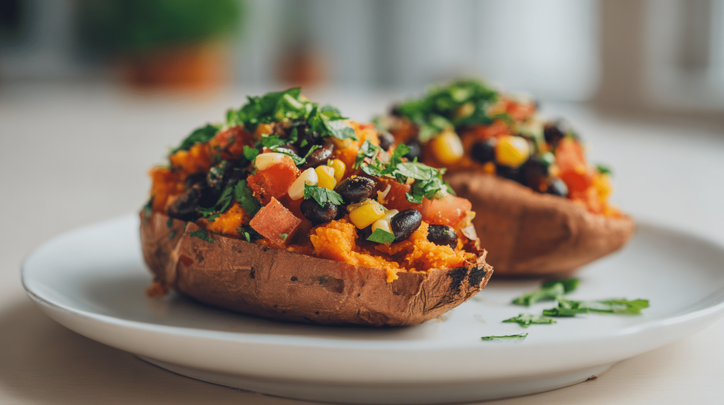 Stuffed sweet potatoes filled with black beans, corn, and fresh herbs on a modern white plate.