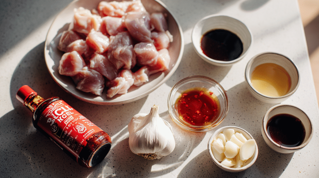 Chicken, garlic, sweet chili sauce, soy sauce, and honey on a kitchen counter.
