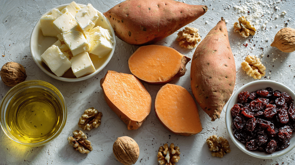 Sweet potatoes, brie cheese, cherries, and walnuts on a kitchen counter.