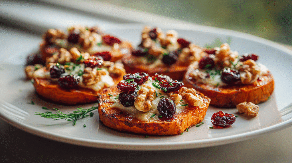Sweet potato rounds topped with melted brie and cherry walnut topping on a white plate.