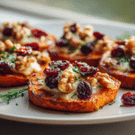 Sweet potato rounds topped with melted brie and cherry walnut topping on a white plate.