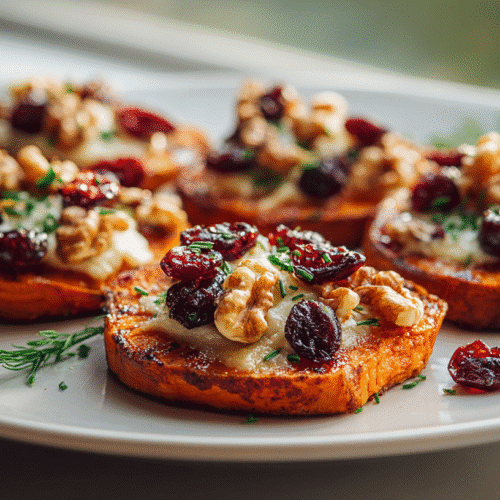 Sweet potato rounds topped with melted brie and cherry walnut topping on a white plate.