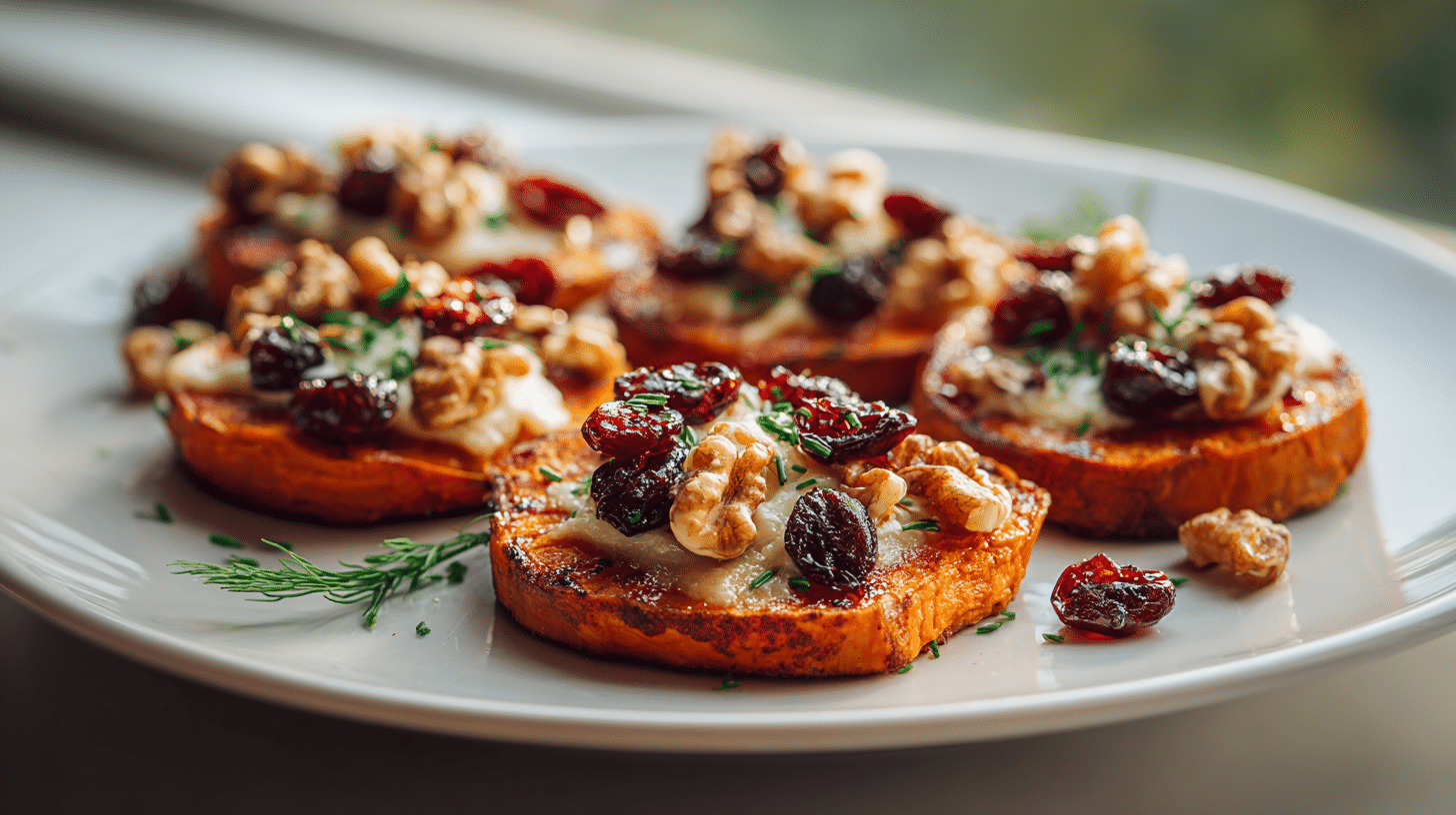 Sweet potato rounds topped with melted brie and cherry walnut topping on a white plate.