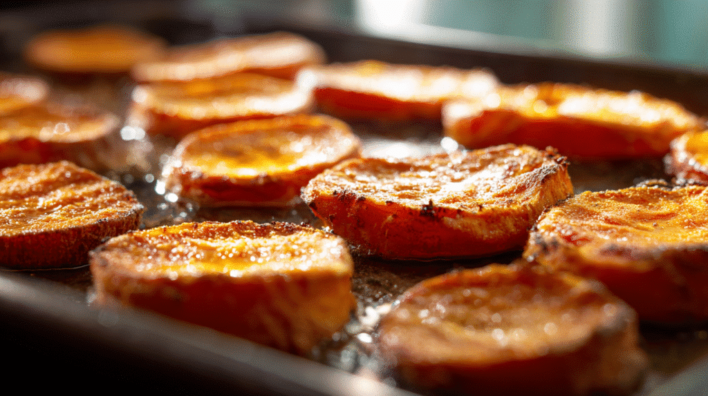 Sweet potato rounds roasting on a baking sheet.