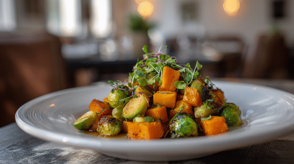 Serving roasted butternut squash and Brussels sprouts
